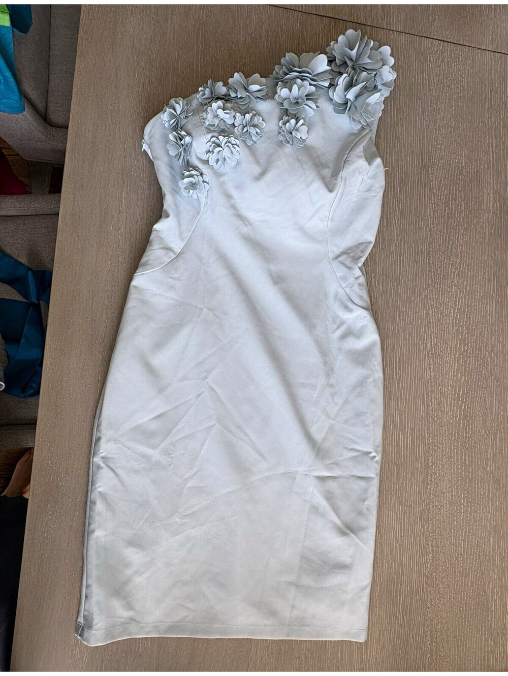 FEHAUTE One Shoulder Satin Lined Sheath Dress 3D Flower Light Blue Knee Length